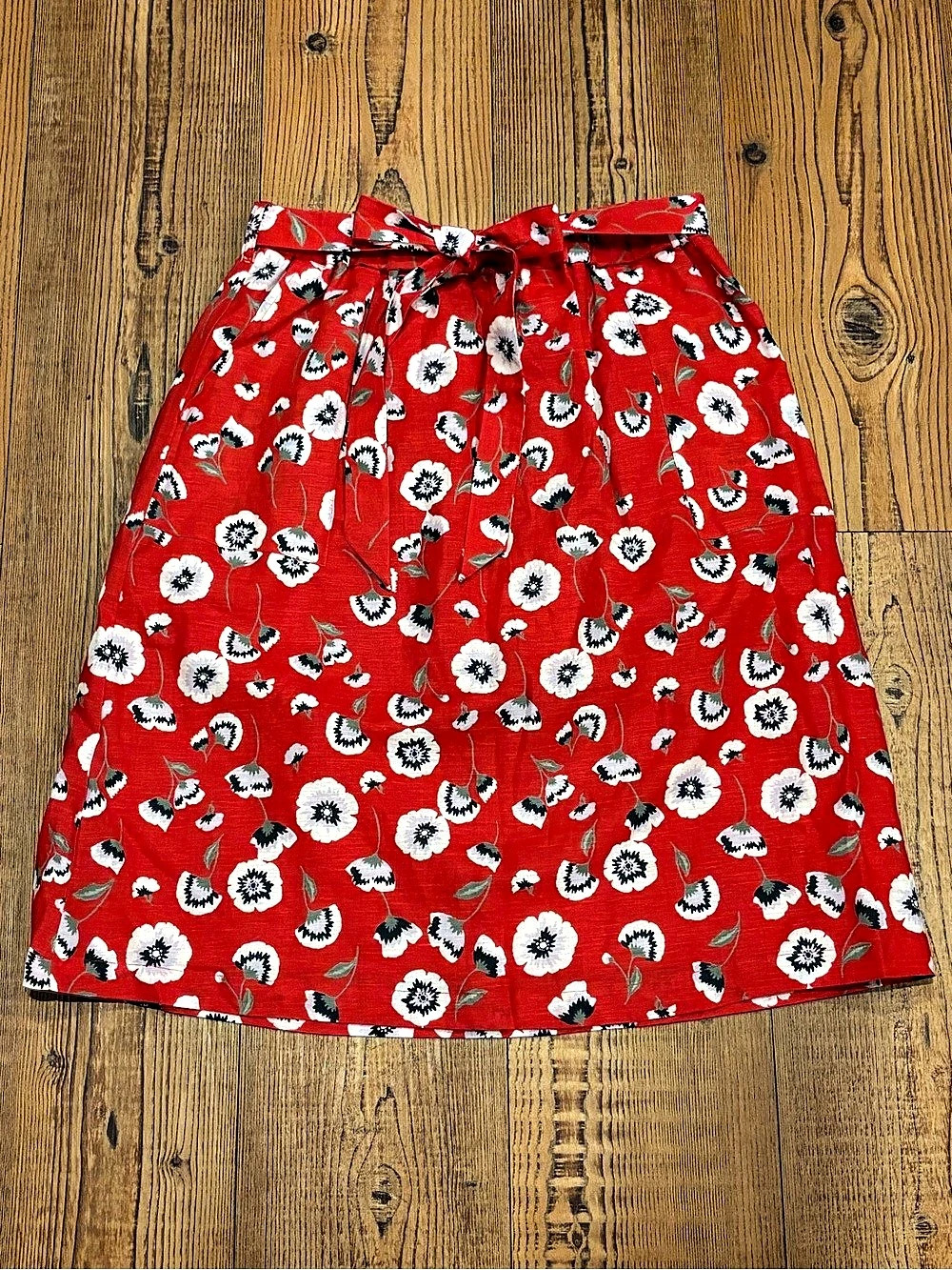 J.Crew Small Red Poppy Floral Linen Blend Belted Midi Skirt